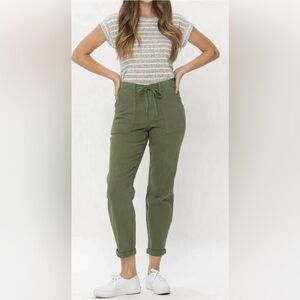 Judy Blue Olive Green Drawstring Utility Pants Stretch Flattering Basic Neutral